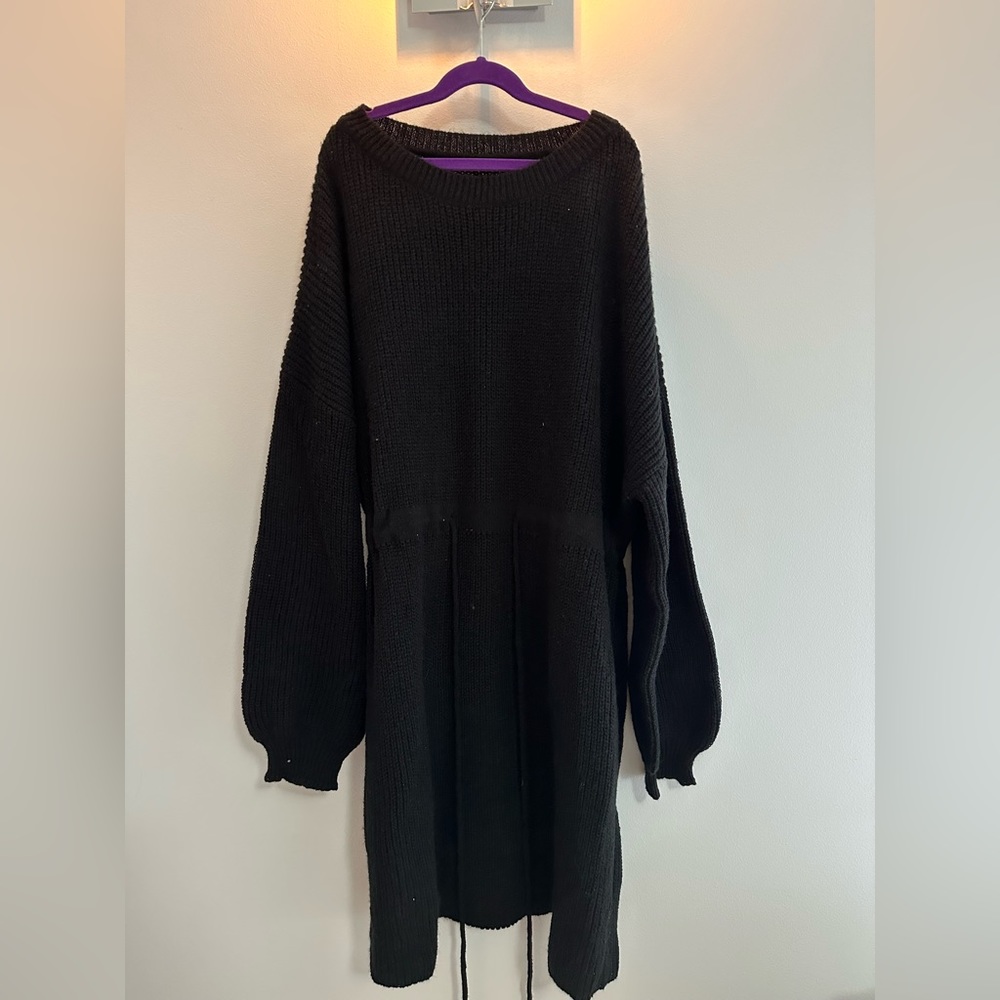 Comfy Knit Black Sweater Dress -Tie Waste
